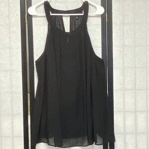 Torrid Cutaway Sleeve High Neck Crepe Overlay Keyhole Back Swingy Blouse Black 2